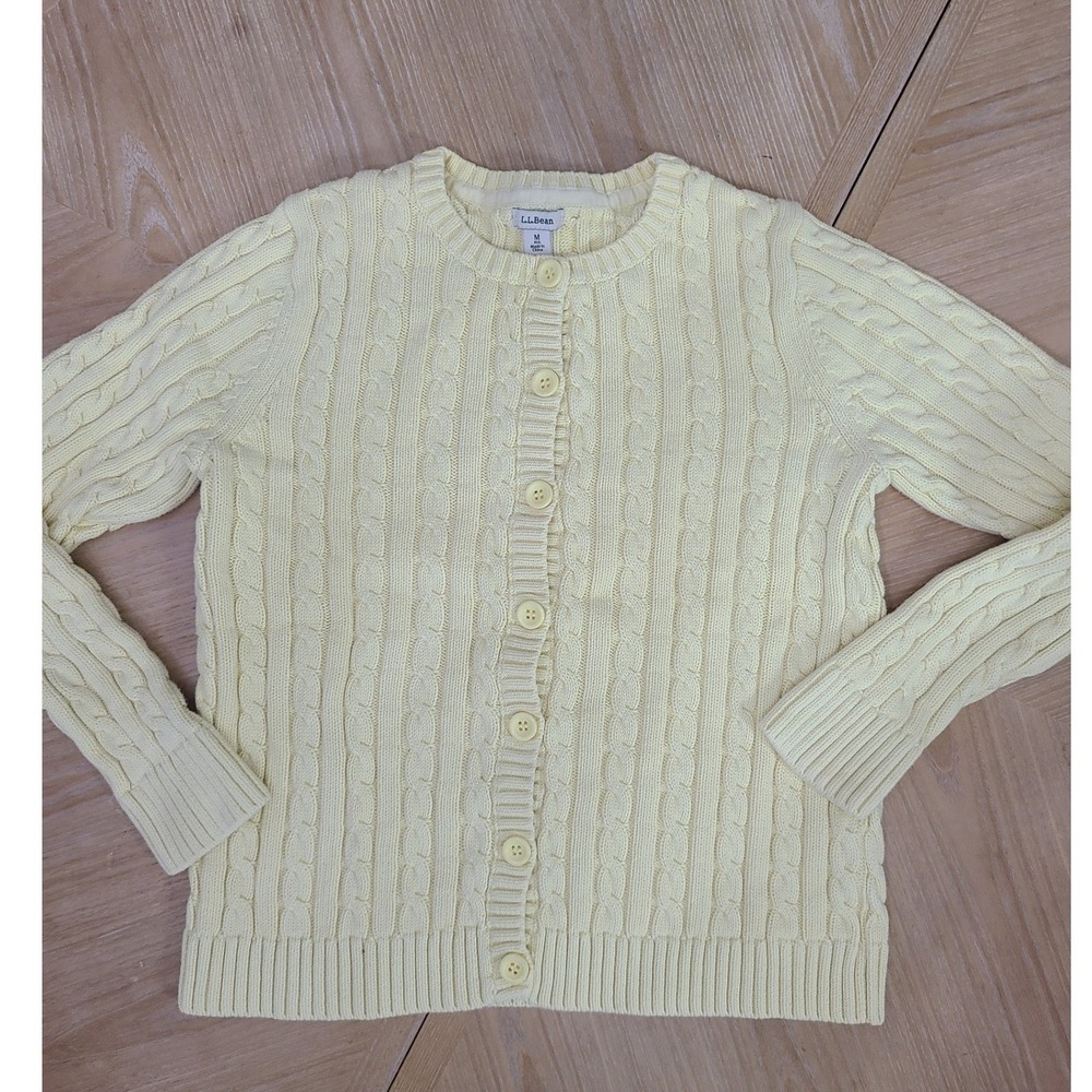 LL Bean Cardigan Women M Yellow Cable Knit Cotton Button Front 258842